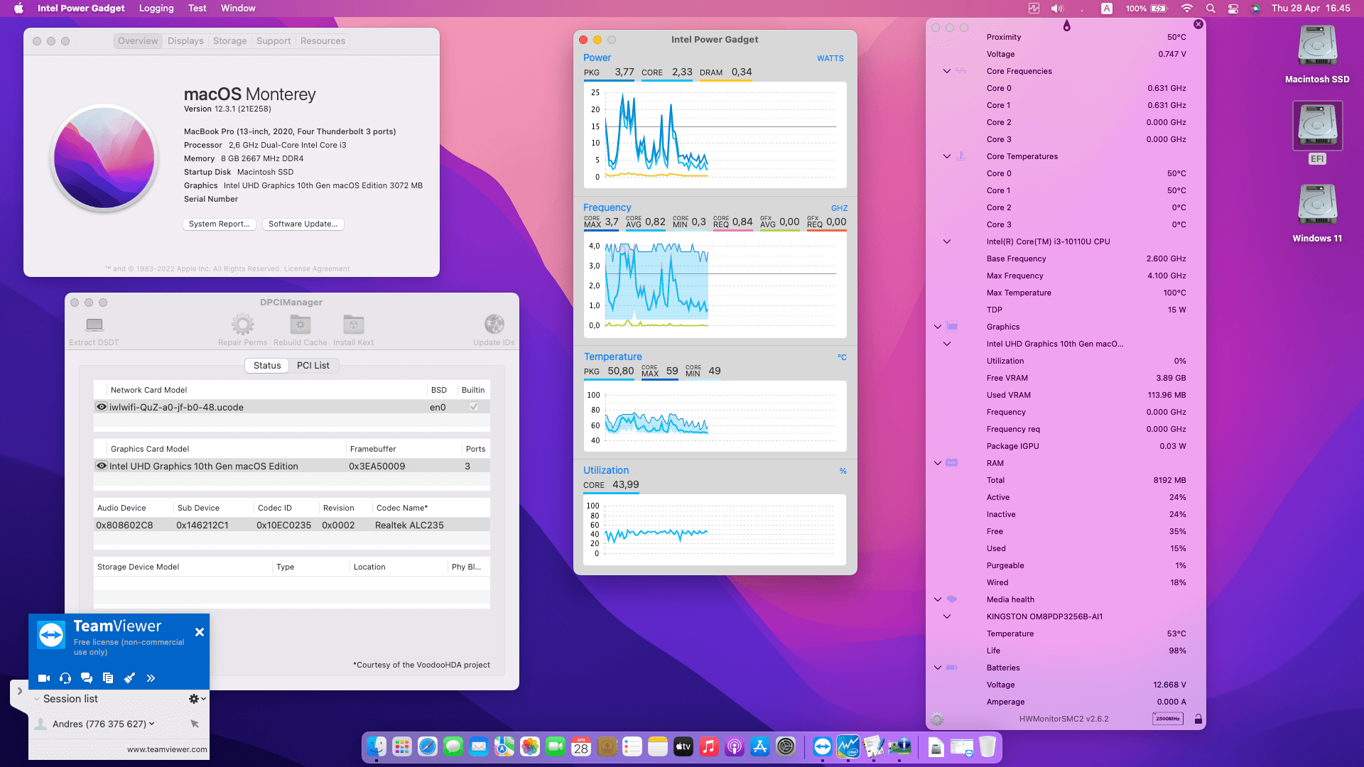 Success Hackintosh macOS Monterey 12.3.1 Build 21AE258 in MSI Modern 14 B10MW
